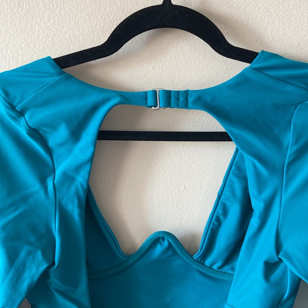 New Andrea Iyamah One Piece Swimsuit M Teal Cutout Deep V Long Sleeve Resort - Picture 9 of 9